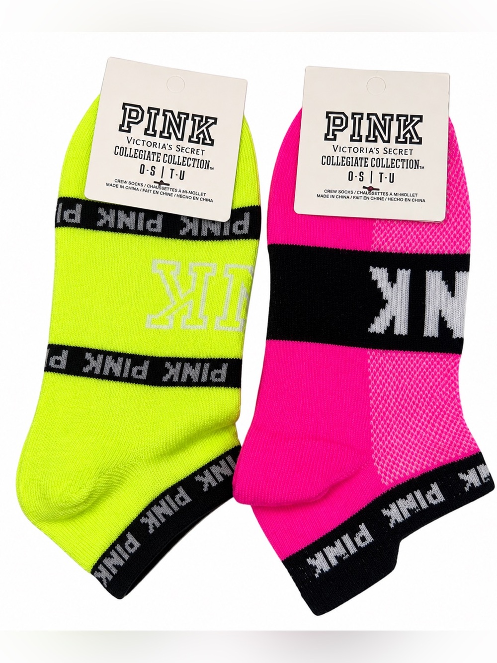 Victoria’s Secret PINK Collegiate Crew Socks Neon Pink Yellow 2 Pair NWT